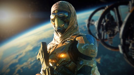 Star Citizen chaqracter wearing a slim-fitting space suit of an olive and golden hue stands before a space backdrop, a planet and sun behind them