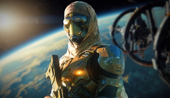 Star Citizen chaqracter wearing a slim-fitting space suit of an olive and golden hue stands before a space backdrop, a planet and sun behind them