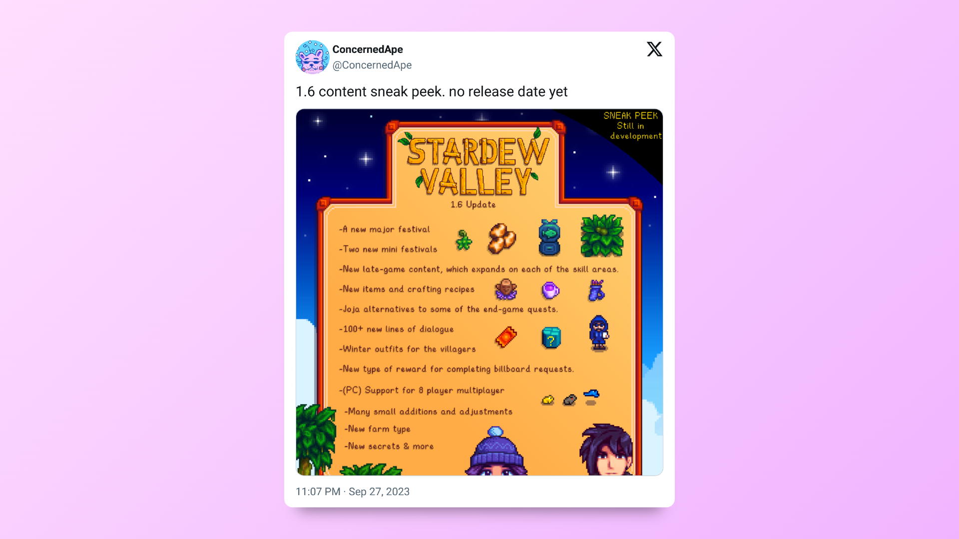 Stardew Valley post from ConernedApe with sneak peek of 1.6 update