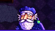 Stardew Valley music: new screenshot from Haunted Chocolatier by ConcernedApe showing an older man with a long white beard in a purple nightgown and nightcap