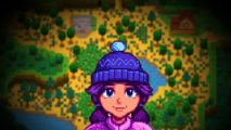 Stardew Valley update sneak peek: A girl with a deep purple hat and a magenta coat smiles ahead, a farm behind her