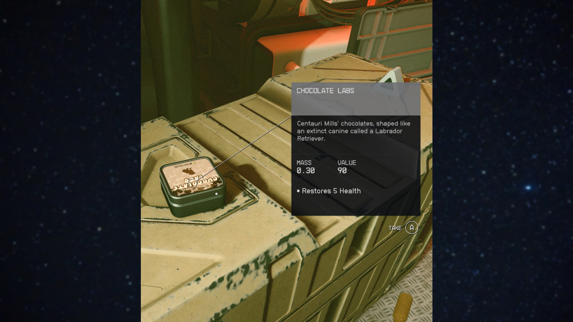 Starfield screenshot showing the in-game snack called Choco Labs, and its item description