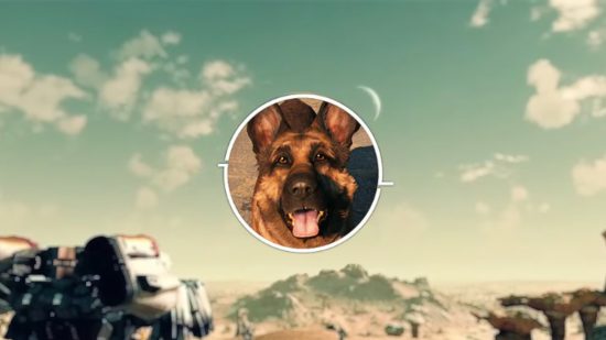 Starfield background with Fallout 4's companion Dogmeat atop its logo