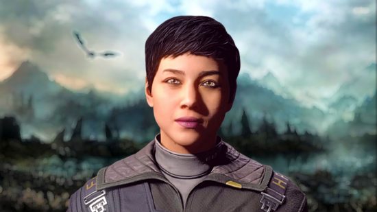 Starfield Skyrim quests: a woman with short hair stares onward, a Skyrim backdrop behind her