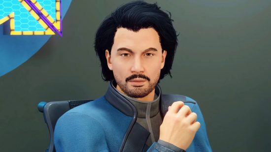 Starfield character with swept back black hair and a mustache sits with his hand in front of his chest