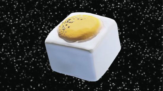 Starfield Chunks food in the shape of a cube egg floating against a space background
