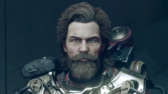 Starfield character with swept back brown hair and a bushy brown beard-mustache combo stares ahead with a serious expression