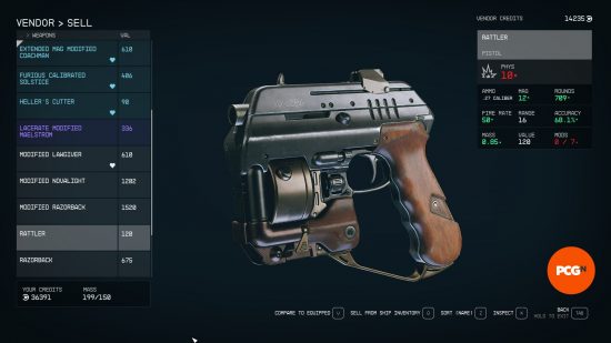 The basic Rattler, one of the Starfield ballistic weapons, appears in a list of item available to purchase from a vendor.