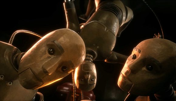Steam sale: a group of mannequin-like robots gaze into the camera, a creepy expressionless face on each one
