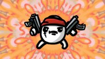 Steam shmup fest: A hand-drawn white potato character wields two guns in either hand and wears a red bandana against an orange backdrop