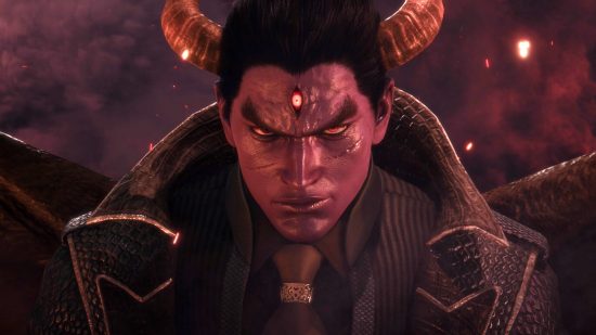 Tekken Brawlhalla crossover: a devilish man with maroon skin and horns coming out of his head smirks, a third eye on his forehead
