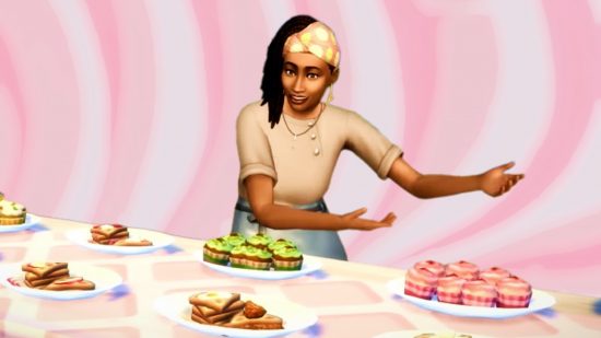 The Sims 4 Home Chef Hustle stuff pack scene showing a woman with a beige shirt and light blue apron selling colorful cupcakes at a market stand