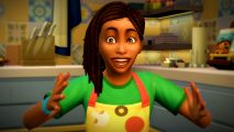 The Sims 4 update: a young girl with braided hair wearing a pizza apron and a green shirt smiles excitedly, her hands out