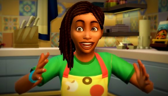 The Sims 4 update: a young girl with braided hair wearing a pizza apron and a green shirt smiles excitedly, her hands out