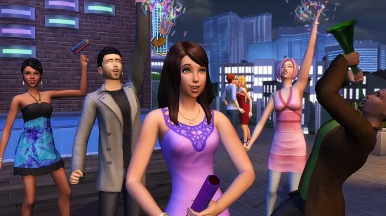 The Sims 5: a group of Sims gathers to celebrate with party streamers, colorful dresses, and more on a city rooftop in the night