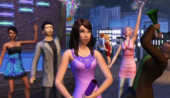 The Sims 5: a group of Sims gathers to celebrate with party streamers, colorful dresses, and more on a city rooftop in the night
