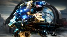 Titanfall 2 robot mech suit with glowing blue eyes wields a large gun