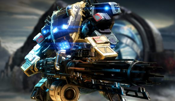 Titanfall 2 robot mech suit with glowing blue eyes wields a large gun