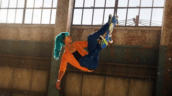 Tony Hawk's Pro Skater 1 + 2 on Steam: a woman with bright blue hair does a flip in the air with her skateboard