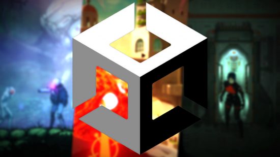 Unity fee policy changes: a cube-like logo against a backdrop of three different Unity Engine games
