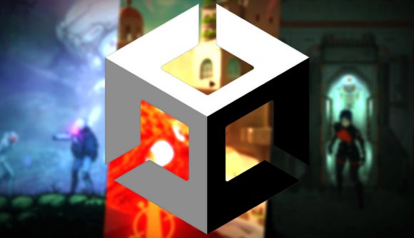 Unity fee policy changes: a cube-like logo against a backdrop of three different Unity Engine games