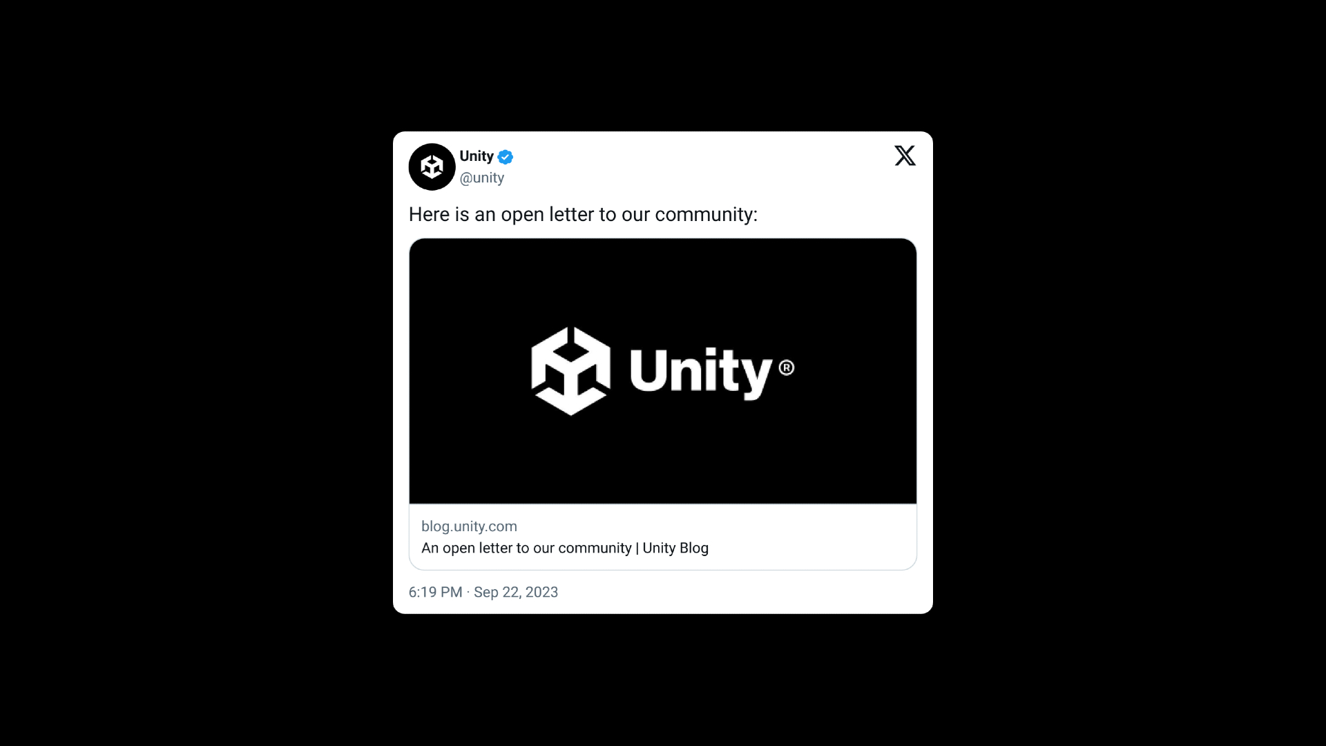 Unity's update post on Twitter detailing the changes to the controversial fee policy
