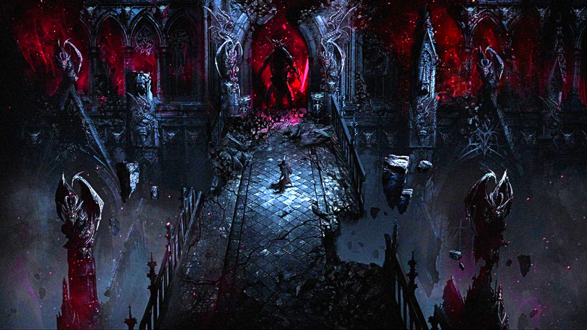 V Rising final boss teaser showing a giant dark figure approaching a vampire player