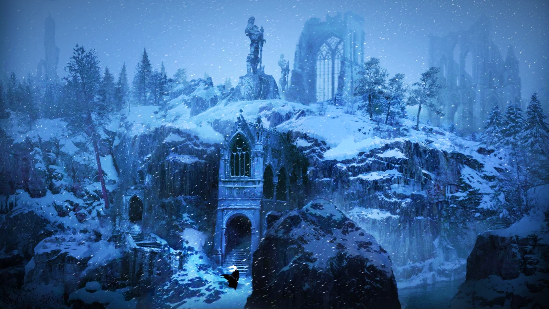 V Rising new zone concept art showing a snowy biome with castle ruins