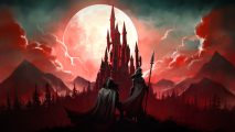 V Rising art showcasing a vampire's castle and two vampires standing before it, one with a staff in hand as the full moon rises