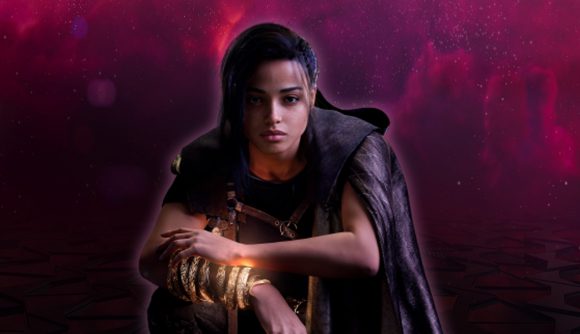 An image of Frey from Forspoken, with an AMD colored background behind her.