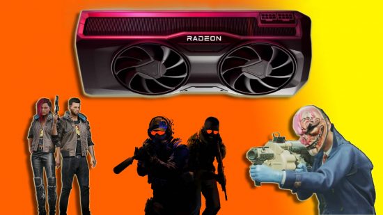AMD Radeon Driver 23.9.3 CS2 Cyberpunk 2077 Payday 3: an AMD graphics card appears above several sinister looking figures equipped with weapons, some in shadow.