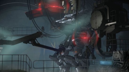 Armored Core 6 1.02: un robot mecha gigante en una habitación oscura, con pasarelas y equipos industriales a su alrededor