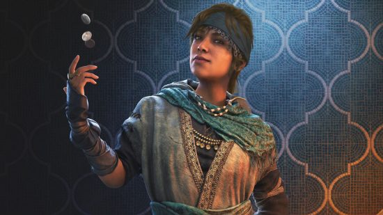 Assassin's Creed Mirage RPG players: a woman tossing a coin in the air, while wearing a beige robe and green scarf and headpiece