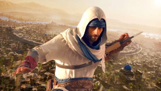 Assassin's Creed Mirage voice actors cast list: Basim is dressed in the all-white uniform of the Hidden Ones, an assassin's order operating in the Round City of Baghdad, which appears behind him.