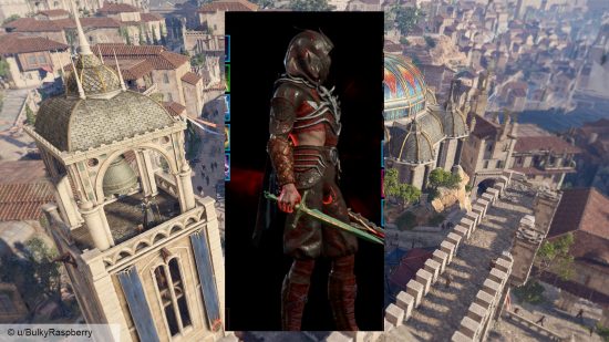 A man on a black background in armor with a red aura around him showing off his imposed on a city backgroundgenitals
