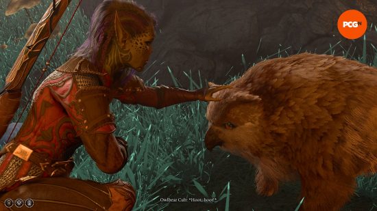 Notas del parche 3 de Baldur's Gate 3: Un clérigo Githyanki acaricia a un cachorro de oso búho.
