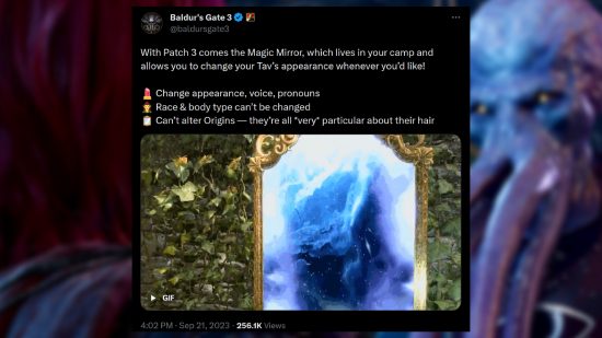 Baldur's Gate 3 patch 3 - Tweet from Larian Studios: "With Patch 3 comes the Magic Mirror, which lives in your camp and allows you to change your Tav’s appearance whenever you’d like! 💄 Change appearance, voice, pronouns 🧝‍♀️ Race & body type can’t be changed 🪞 Can’t alter Origins — they’re all *very* particular about their hair"