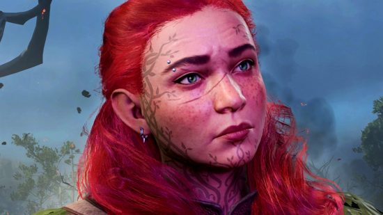 Baldur's Gate 3 patch notes 3 include change appearance option - A red-headed Dwarven Druid with branch-like tattoos along the edges of her face and her neck.