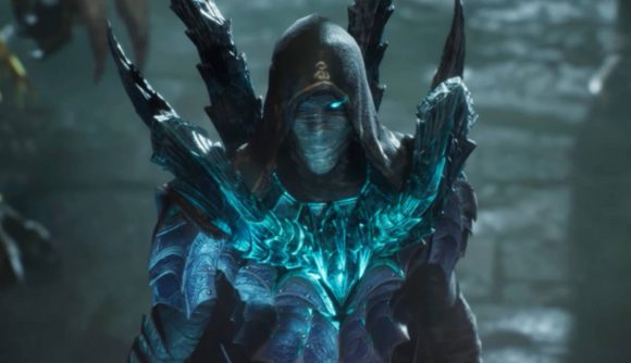 Over three million people have signed up for this upcoming Baldur's Gate 3 style RPG:A hooded man whose eyes glow blue and face is covered in bandages stands with tendrils coming out of his back. his spiked armor bathed in aqua light