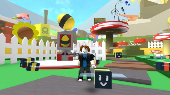A Roblox man is holding a shovel while surrounded by bees, on the hunt for Bee Swarm Simulator codes.