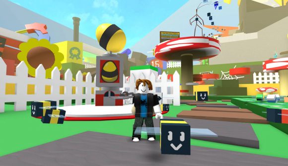 A Roblox man is holding a shovel while surrounded by bees, on the hunt for Bee Swarm Simulator codes.