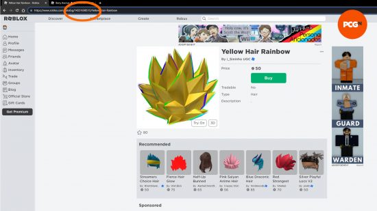 The Roblox website with the pointy blonde hair accessory, with the Roblox item ID circled in orange. These numbers are the Berry Avenue codes and it works for every Roblox item ID.
