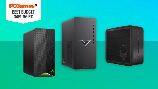Three of the best budget gaming PCs on a bright blue gradient gradient