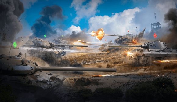 Best co-op games: World of Tanks. Images shows a bunch of tanks trundling along towards each other.
