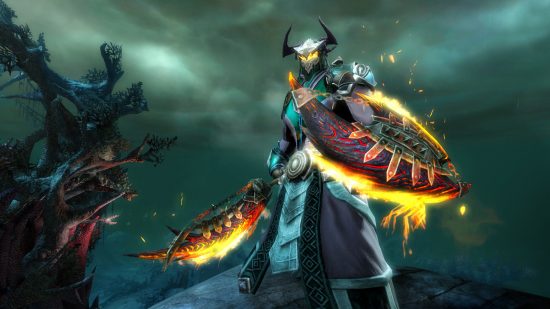 Best free PC games: a Guild Wars 2 character with long black robes and two blades adorned with fire stands