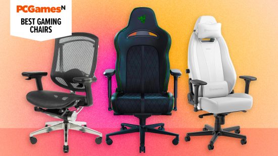 Best gaming chairs - three top gaming chairs against a pink gradient background