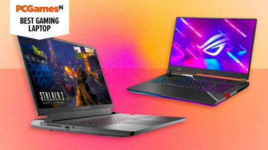 Best gaming laptop: two gaming laptops float on a gradient background