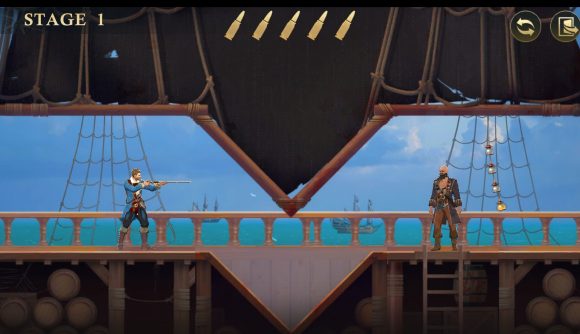 Best laptop games: Stormshot. Image shows someone aiming a gun to try and shoot someone on a pirate ship.