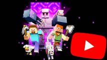 Steve and Alex are emerging from a portal with a pig, chicken, wolf, and golem to try and find the best Minecraft Youtubers. The YouTube logo is to their right.