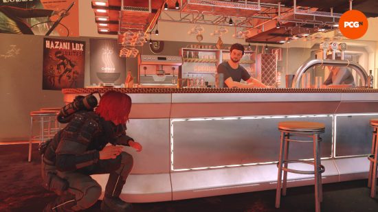 The player is hiding behind the diner counter as the owner stares straight at her. She clearly does not have the best Starfield builds focusing on stealth.
